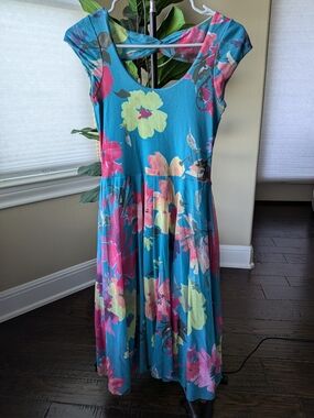 Anthropologie Turquoise Floral Midi Dress with Pink & Yellow Blooms
